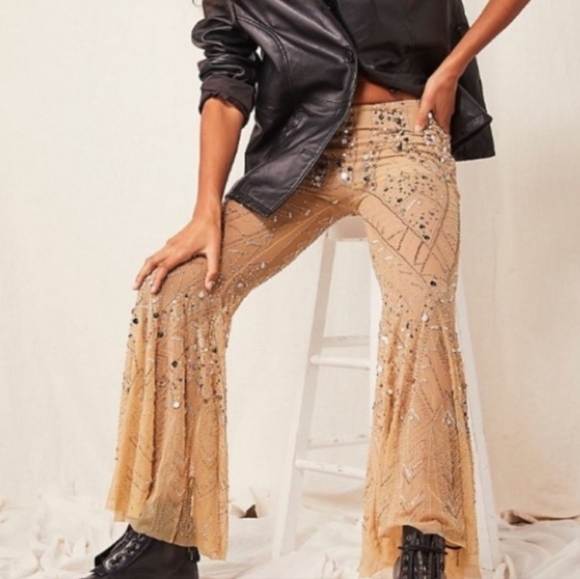 Free People Center Stage Embellished Flare Pants In Nude Size Small - Picture 3 of 8